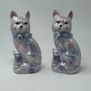 Vintage Pearl Lustreware Porcelain Pink & Blue Cat with Kitten Statue Set of 2